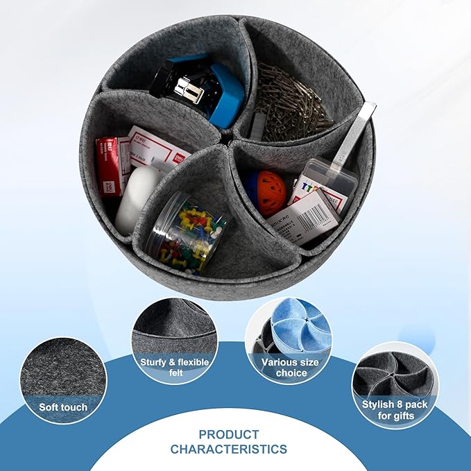 Felt Desk Drawer Organizer Tray,8 Pack Office Desk Drawer Dividers,Felt Drawer Round Storage Box For Saving Space,Makeup Drawer Organizer Bins.(Dark Gray)