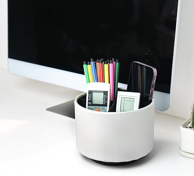 Hennaja Round Leather Art Supply Organizer,Remote Control Holder,360 Degree Spinning,Multi-Functional Pencil Holder,4 Compartments Desktop Stationary Organizer(1-Lichee Silver)