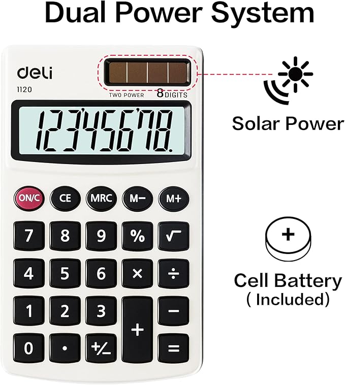 Calculator, Deli Standard Function Basic Calculators, Solar Battery Dual Power Office Calculator with Cover, Metal Panel