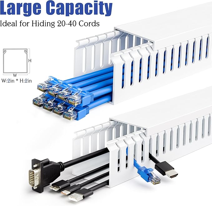 ZhiYo 2x2in Professional Server Rack Cable Management Raceway, 6.6ft (2 × 3.3ft) Cable Raceway Kit, Electrically Safe PVC Open Slot Wire Cover, Cord Hider for Under Desk/Computer/Network Cords White