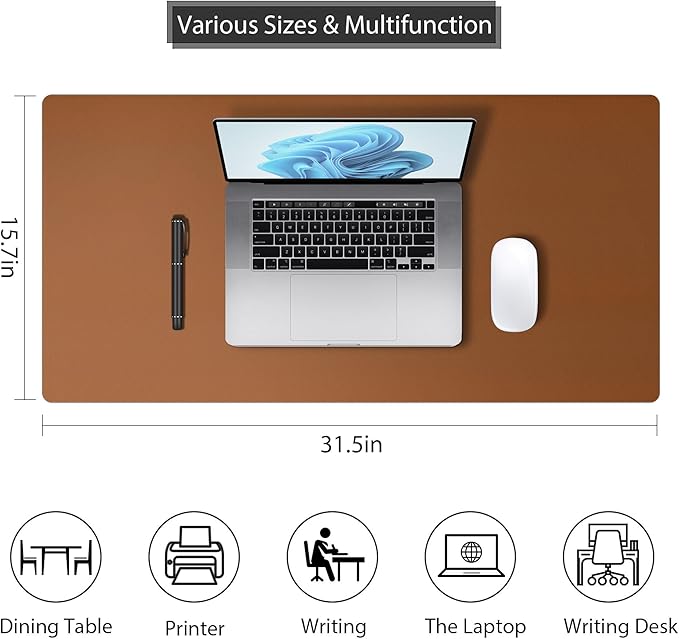 Roslim Leather Desk Pad Protector,Mouse Pad,Non-Slip Computer Mat for Desk,PU Leather Office Desk Mat for Home & Office,Waterproof Laptop Desk Blotter for Keyboard and Mouse,Brown (15.7''X31.5'')