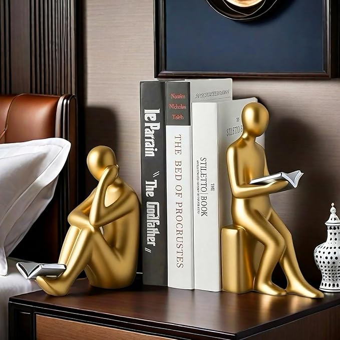 Home Decorative Reading Book Statue Bookends Elegant Resin Bookshelf Room Office Desk Decor,Paper Weights, Book Ends,Bookend Supports, Book Stoppers, Set of 2 (Gold and Silver)