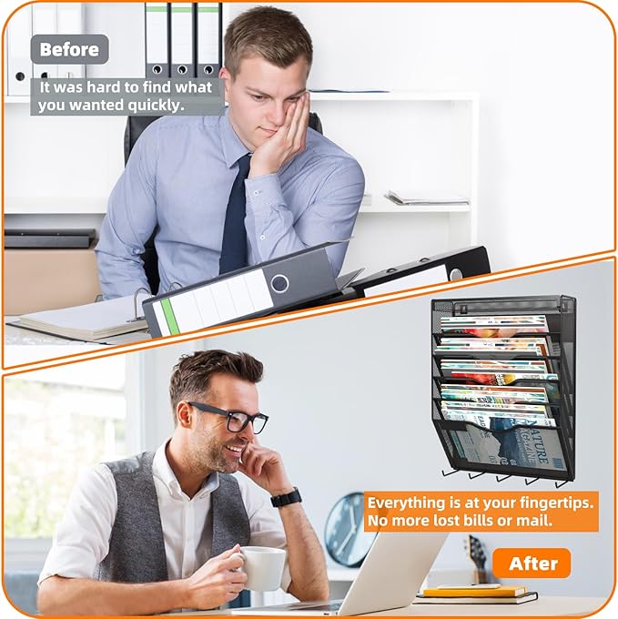 6 Tier Magnetic File Holder with Hook, Magnetic File Organizer Folder Holder, Wall File Organizer, Hanging Magnetic Paper Holder for File Cabinets, Office, Whiteboard, Magnetic Mail Holder