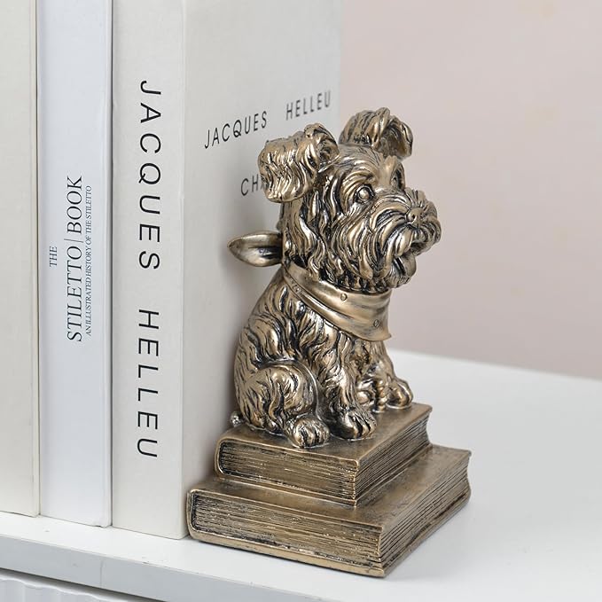 Vintage Antique Gold Dog Bookends,Decorative Book Ends for Shelves,Creative Resin Schnauzer Statues Book Holders for Desk Home Office Bookshelf Decoration,Gifts for Dog Enthusiasts