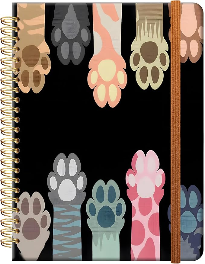 Ruled Spiral Writing Notebook,A5 Hardcover Lined College Journal for Women Lady,Fashion Puppy Watercolor Strong Twin-Wire Binding with Premium Paper,8.4" X 6",Perfect for School,Office,Home Gifts(Cat Animals Paws)