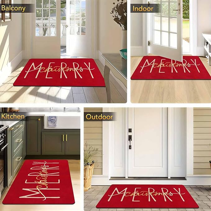 Christmas Door Mat Entrance Front Porch Rugs Red Gold Merry Christmas Doormat Non-Slip Rug Welcome Mat for Entrance Indoor Home Bathroom Floor Decoration, 16" x 24" Inch
