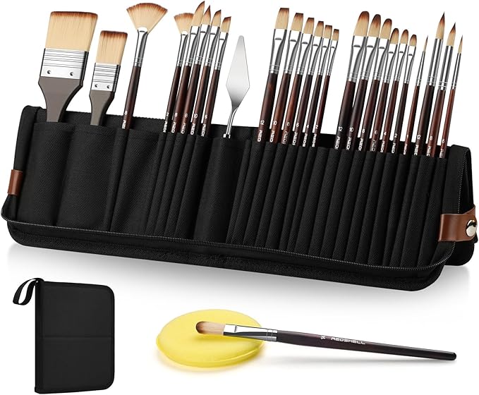 REDSHELL 26pcs Paint Brush Set, Travel Watercolor Acrylic Paint Brushes with Flat, Filbert, Fan, Dagger, Cat Tongue, Round, Palette Knife, Professional Paintbrush Kit for Artist, Oil, Face Painting