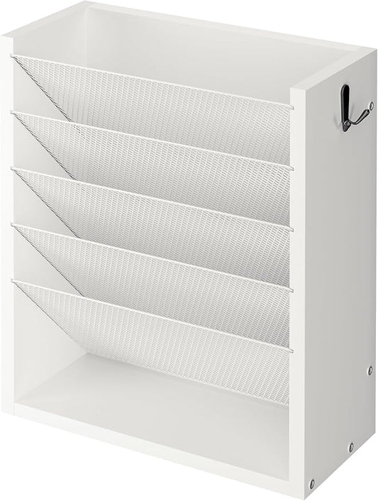 Hanging Wall File Organizer, 6 Tier Wood Wall File Holder with 2 Hooks, Mail Organizer Wall Mounted with Bottom Flat Tray, Vertical Paper Desk Storage for Office, Home, White