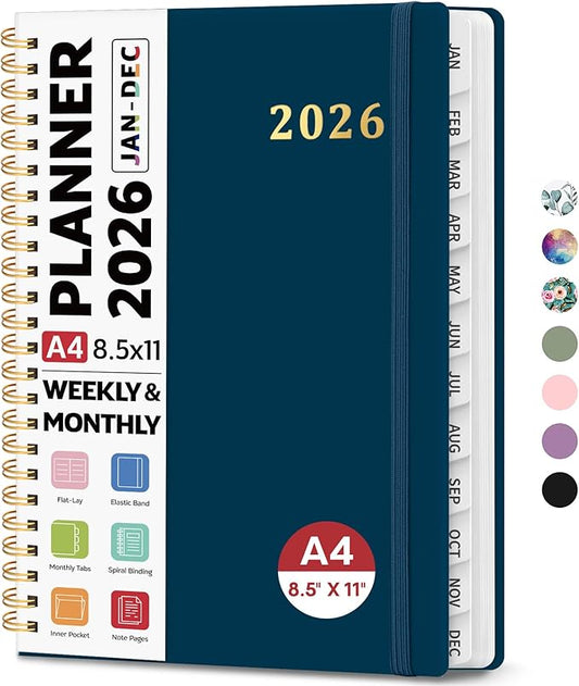 2026 Planner 8.5" x 11", Weekly and Monthly Calendar Planner Book, January 2026 - December 2026, Hardcover Spiral Planner with Monthly Tabs, Notes Pages, Perfect for Women & Men, A4 - Navy