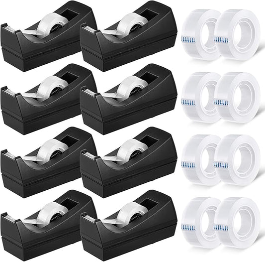 8 Pack Desktop Tape Dispenser Non Skid Base with Invisible Tape Refills Bulk Weighted Roll Dispenser for Office Home School