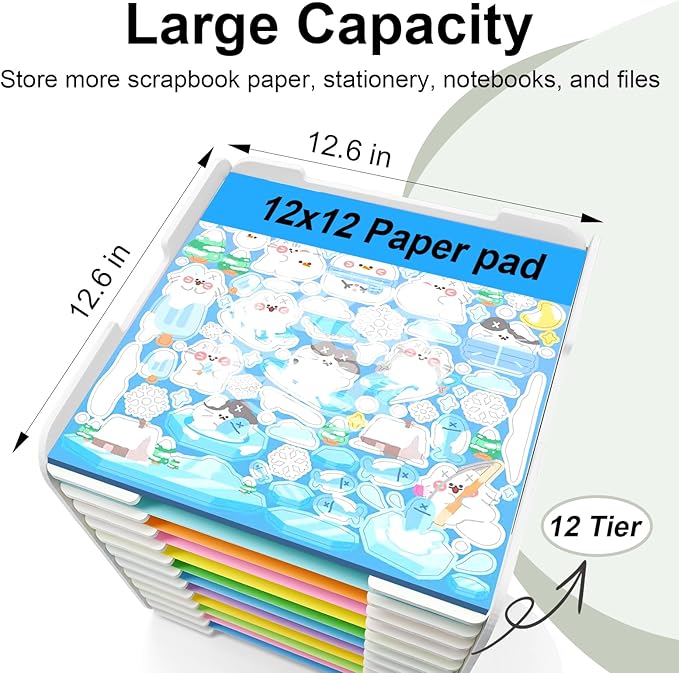 12x12 Paper Organizer, 12-Tier Scrapbook Paper Storage, Stackable Desktop File Holder for Home, Office, Classroom, and Craft Room