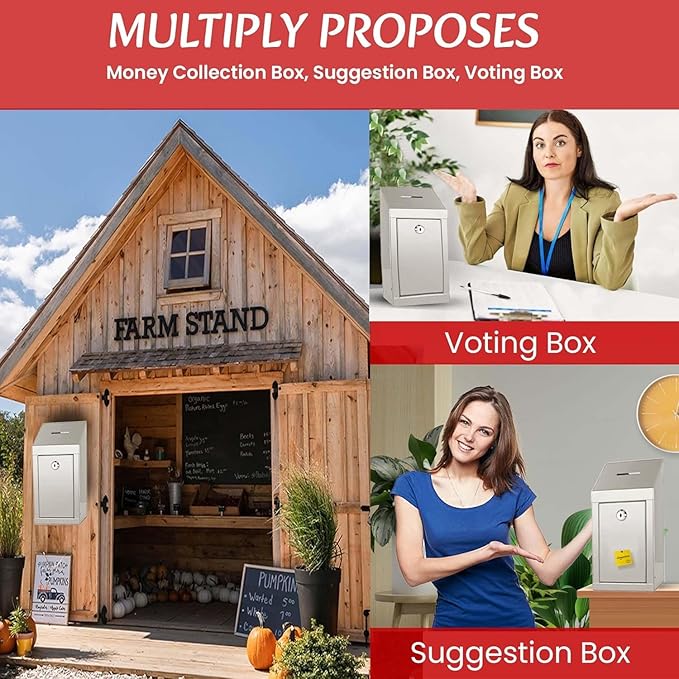 Metal Donation Box-Suggestion Box with Slot and lock-Cash Lock box for Money-Drop Box-Outdoor Waterproof Mailbox and ballot box-comes with pre-drilled holes for easy wall mounting 10 X 6 X 2.5"(White)