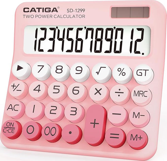 CATIGA Mechanical Switch Calculator with Solar and Battery Dual Power, 12-Digit Large LCD Display, Aesthetic and Cute Desktop Calculator with Big Button, for Home, School and Office Use, SD-1299