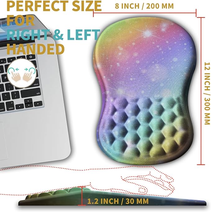 Hokafenle Ergonomic Mouse Pad Wrist Support with Massage Design, Wrist Rest Pain Relief Mousepad with Memory Foam&Non-Slip PU Base, Mouse Pads for Wireless Mouse & Desk (12x8 inch,Rainbow Bubble)