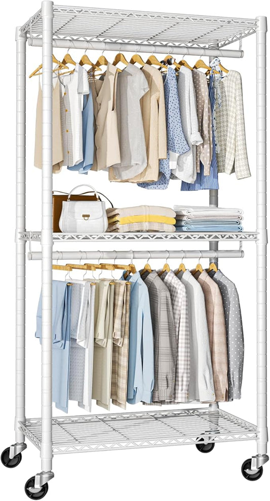 P1 Medium Heavy-Duty Portable Closet, 30" W x 14" D x 76" H, Metal Rolling Clothing Rack, White