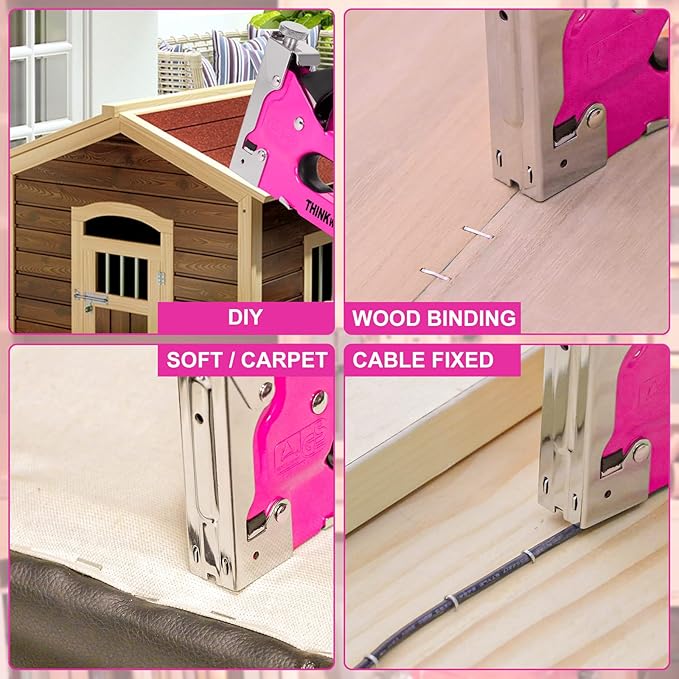 THINKWORK Heavy Duty Staple Gun, 3 in 1 Pink Staple Gun for Upholstery with 900 Staples, Nail Gun for Wood, Cable, Fabric, Wall, Material Repair, DIY Manual Stapler