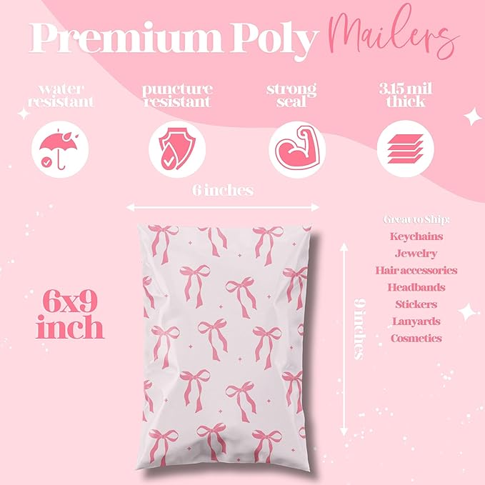 6x9 Designer Poly Mailer 100 Pack Heavy Duty Waterproof Self Seal Shipping Bags for Small Business Large Mailing Envelopes Bulk Tear Resistant Cute Packaging Pink Bows Coquette