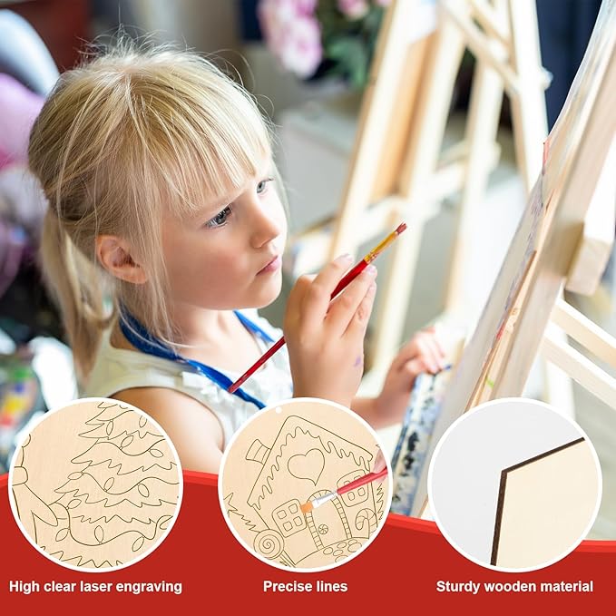 COCHIE 10 Pieces Large Christmas Unfinished Wood Crafts to Paint for Adults and Kids, Bulk Winter Predrilled Wooden Ornaments for Painting, Peppermint Candy House Paintable Wood Slices Craft Supplies