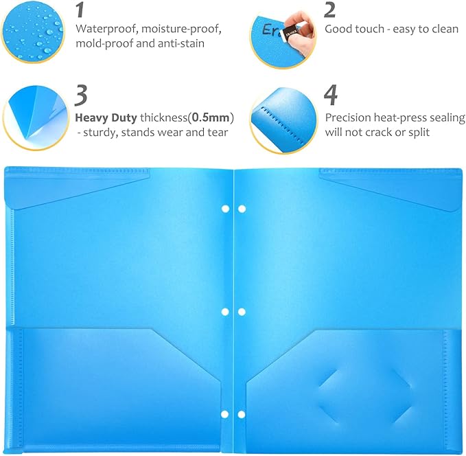 WOT I Heavy Duty Plastic Folders with Clear Front Pockets - 6 Pack, Extra Thick Folders with Pockets and Holes for Binders, Pocket Folders with Card Slot for Letter Size Paper Assorted Colors