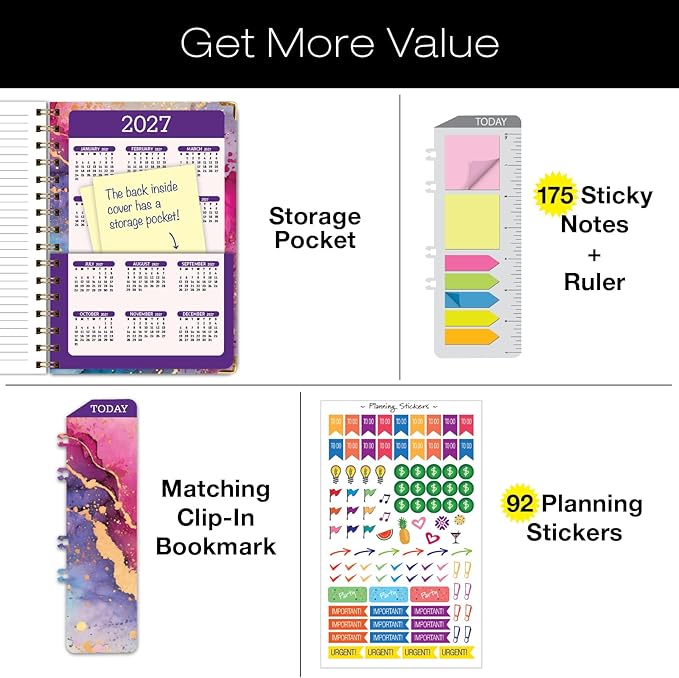 HARDCOVER 2026 Planner, 5.5"x8": 14 Months (November 2025 - December 2026), Daily Weekly Monthly Planner, Yearly Agenda, Bookmark, Pocket Folder and Sticky Note Set (Rainbow Gold Marble)