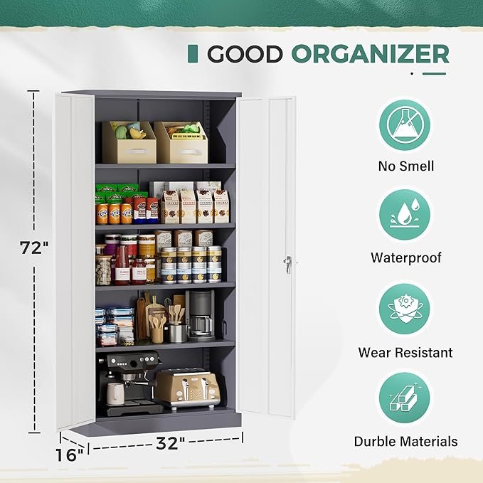 Greenvelly Metal Garage Storage Cabinet, Tall Steel Storage Cabinets with 2 Doors and 4 Adjustable Shelves, Metal Tool Cabinets, Locking File Cabinet for Home Office, Garage, School (Gray White)