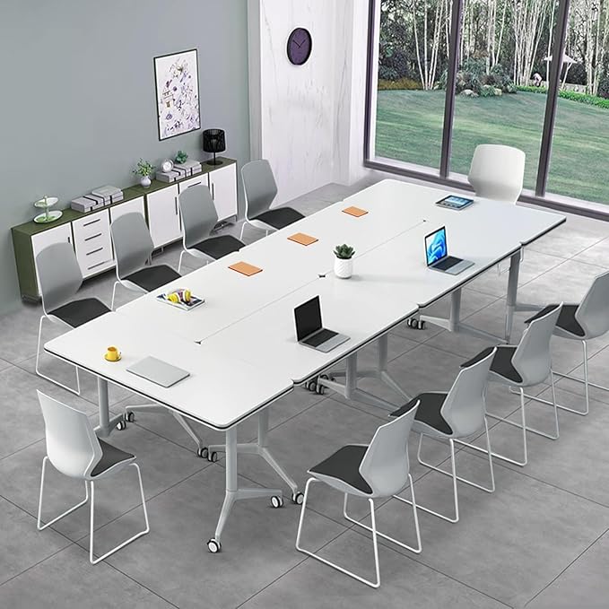 Folding Conference Table, Modern Large Conference Room Tables with Flip-Top Design, Foldable Conference Table Meeting Table with Wheels, Mobile Seminar Training Tables for Office Classroom (8, White)