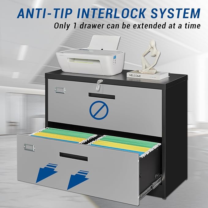 2 Drawer Lateral File Cabinet with Lock, Metal Steel Filling Cabinets for Home Office, Lockable Storage Cabinet for Hanging Files Letter/Legal/F4/A4 Size-Assembly Required