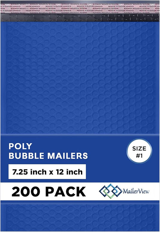 Royal Blue Poly Bubble Mailers 7.25x12 inch #1 | Self Seal Padded Envelopes | Cushioned Bubble Mailer | Usable Size 7.25x11 | WaterProof | Lightweight mailing Shipping Bags | 200 Pack Bulk