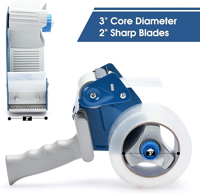 Packing Tape Dispenser Gun (4 Packs) Pacific Mailer 2 Inch Tape Gun Dispenser with 2 Inch Carton Packing Tape, Lightweight Industrial Side Loading Tape Dispenser - Blue