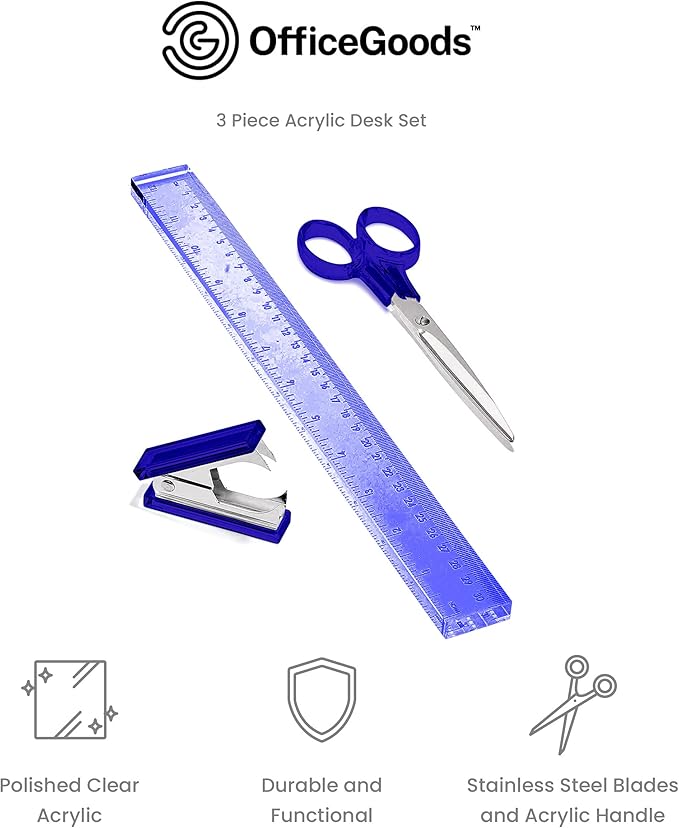 OfficeGoods 3 Piece Acrylic Desk Set - Includes Ruler, Staple Remover, Scissors - Functional & Elegant Desk Accessories - Stationery Tools for Home, Office, and School - Blue with Silver Metal