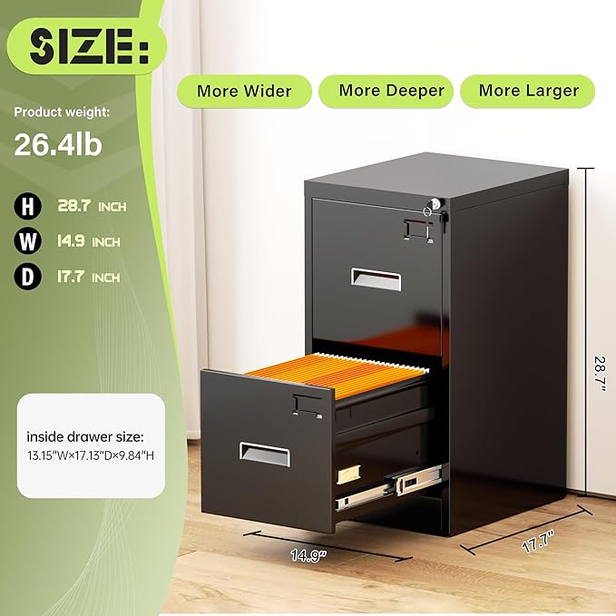 Crownland Lateral File Cabinet with 2 Drawers, 15" W Metal Lockable Office File Cabinets for Home Office- Stores Letter/Legal/A4/F4 Files(Black)