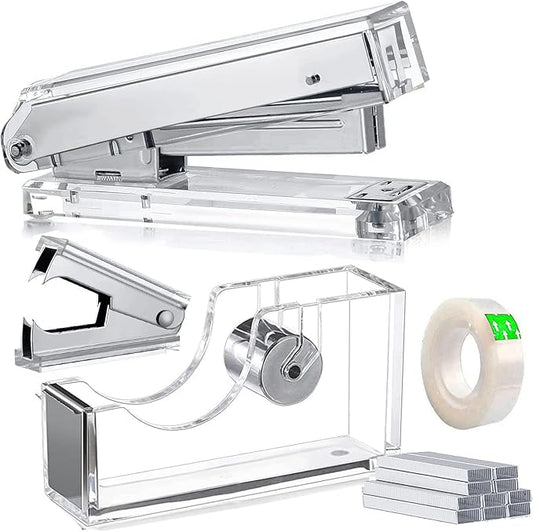 Acrylic Silver Tape Dispenser Desktop Stapler, Acrylic Office Supplies Includes Staple Remover, Tape, 1000pcs Staples Desk Accessory Kit, Cute Office Stapler Set for Modern Design Office Desktop