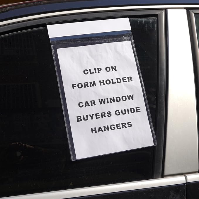 50 Pack Clip on Form Holder 50 Pack, PVC Buyers Guide Holder 9" x 13" Clear Plastic Pouch, Document Holders Window Hangers for Car Dealership