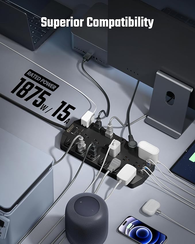 Surge Protector Power Strip, SUPERDANNY 18 AC Outlets with 4 USB Ports, 1875W/15A, 2100J, 6.5FT Flat Plug Heavy Duty Extension Cord with Wall Mount Holes for Home, Office, Gaming Room,Dorm, Black