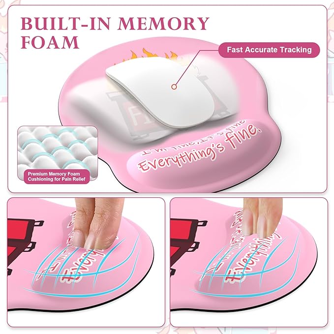 iCasso Desk Mat Set,Ergonomic Wrist Rest for Keyboard and Mouse,Funny Dumpster Fire Desk Accessories,Cute Pink Mouse Pad for Women Girl, Non-Slip Desk Protector Mat for Office Home Dorm