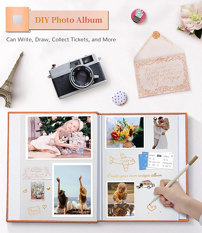 Photo Album Self Adhesive Scrapbook Album for 3x5 4x6 5x7 8x10 Pictures,40 Pages Linen Cover with Display Window DIY Photo Book,Ideal Gifts for Family Travel Wedding Baby
