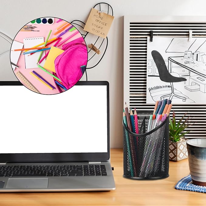 2 Pack Pen Holder Mesh Round Pencil Holder Desktop Organizer 3 Compartments, Black
