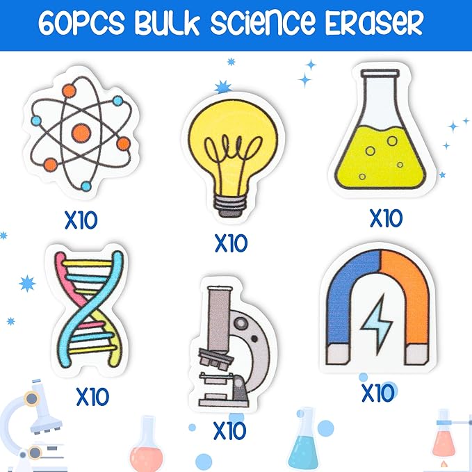 ANGOLIO Science Mini Eraser - 60P Summer Back to School for Kids Bulk Novelty Including microscopes U Shaped Magnets Lamp Bulb Pattern Pencil Eraser for Student Homework Summer Reward Classroom Prizes