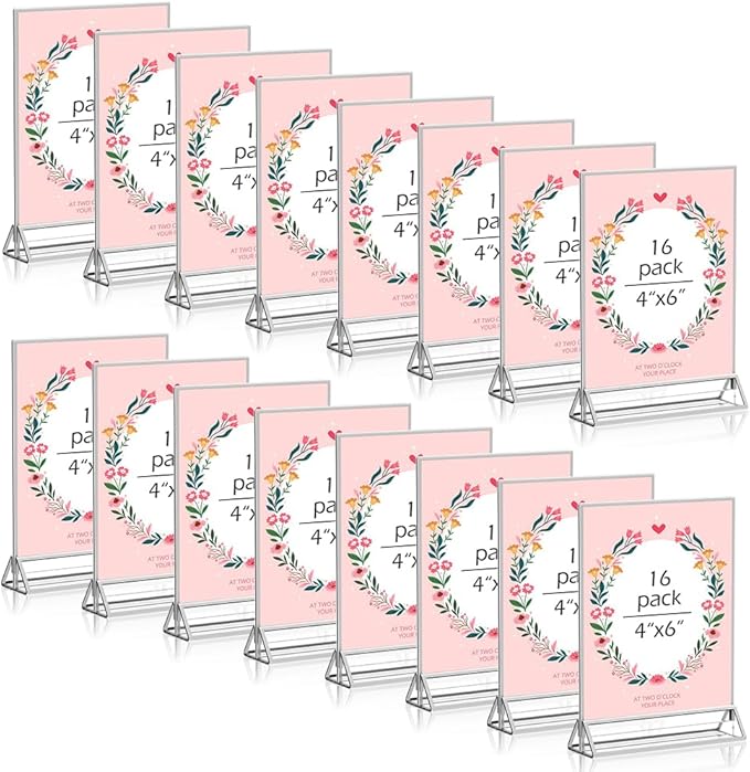 16 Pack 4x6 Clear Acrylic Sign Holders with Silver Borders and Vertical Stand, Double Sided Display Acrylic Table Number Holder for Desktop Table Menu, Wedding, Party, Restaurant