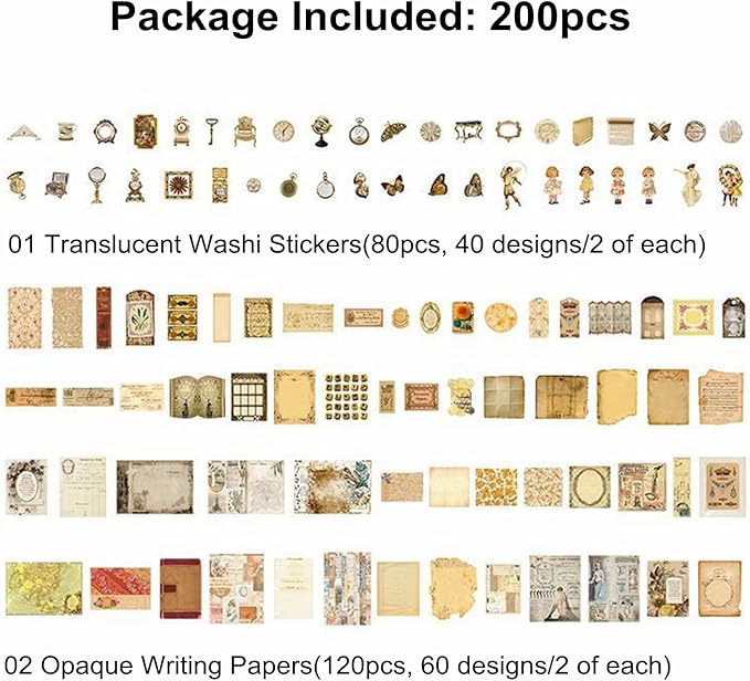200PCS Vintage Scrapbooking Supplies Pack, Aesthetic Scrapbook Sticker Paper Art Journaling Kit for Bullet Junk Journals,Planner,Cottagecore Decor Gifts (Retro)