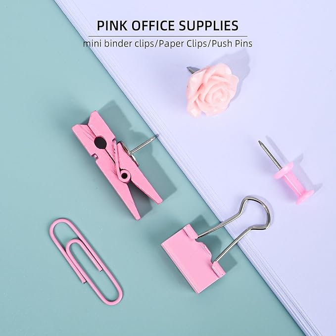 Pink Desk Accessories,220PCS Paper Clips and Binder Clips Small with Decorative Push Pins Cips for School Home Office Aesthetic Desk Accessories