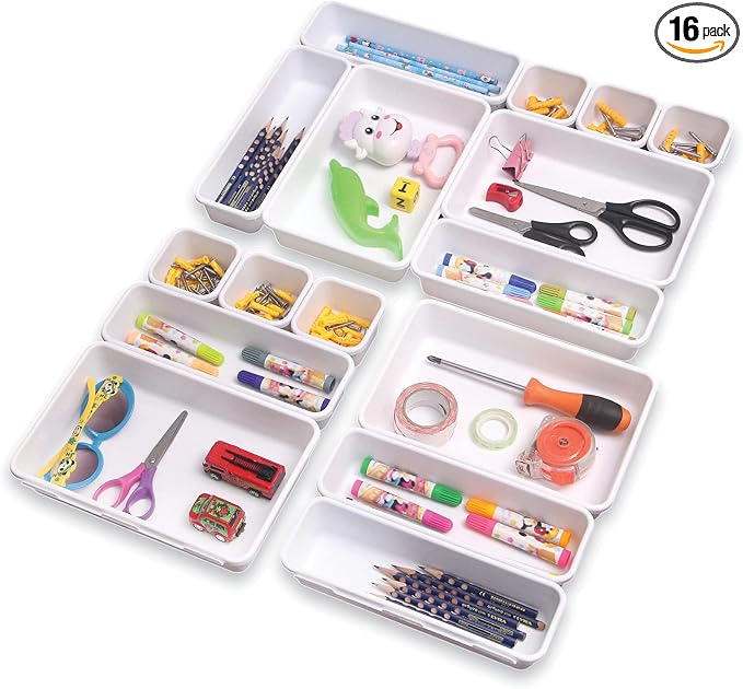 Set of 16 Interlocking Desk Drawer Organizer Tray Dividers Plastic Shallow Narrow Drawers Organizers Separators Storage Bins Container for Kitchen Bathroom Makeup Office Vanity Bedroom Dresser White
