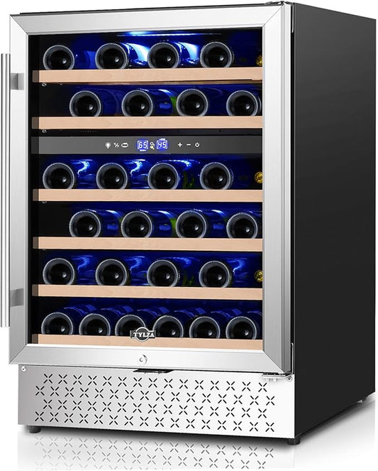 Tylza 24 Inch Dual Zone Wine Cooler Refrigerator, 46 Bottle Built-in or Freestanding, 24'' Wine Fridge with Stainless Steel & Professional Compressor and Temperature Memory Function