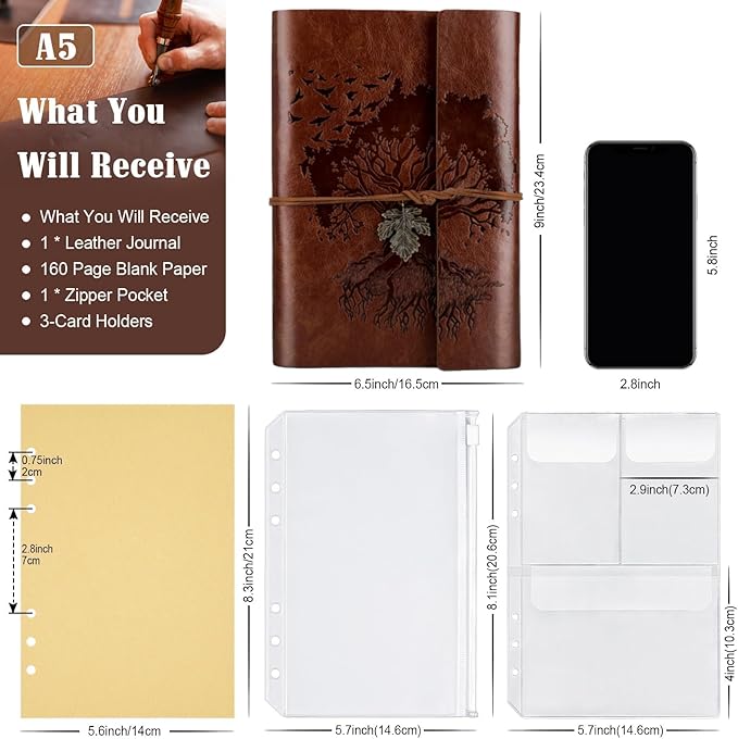 Leather Journals Notebooks with Blank Pages, Vintage Refillable Journal for Writing, Personal Travel Diary Art Sketchbook to Write in, Gifts for Women, Men, Teen Girls and Boys, 160 Pages A5 (Brown)