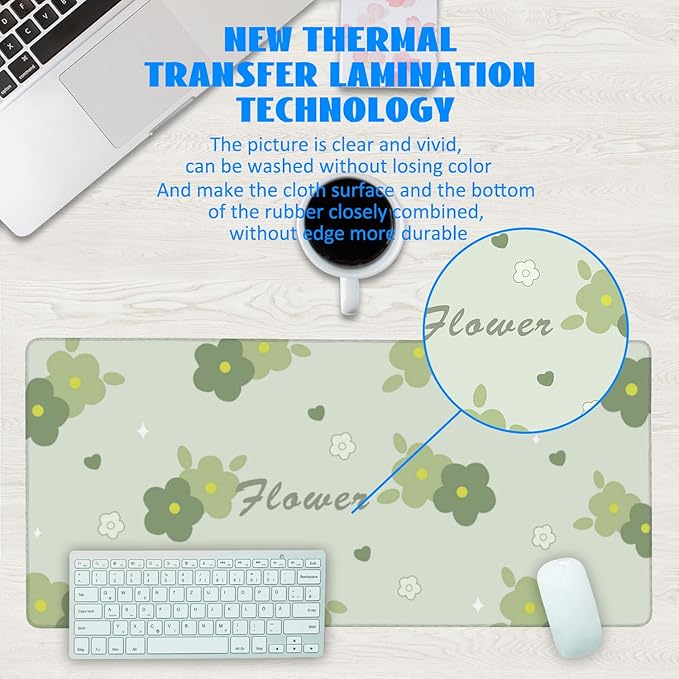 Desk Mat, Kawaii Green Flower Extended Gaming Mouse Pad Large, 35.4"x15.7" Big Mouse Pad with Non-Slip Base and Stitched Edge, Long Computer Keyboard Mouse Mat for Home Office Work