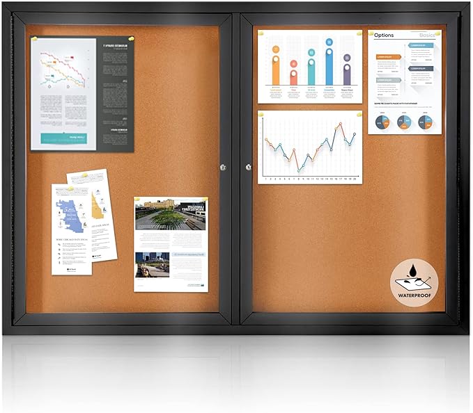 Enclosed Bulletin Board Outdoor Noticeboard with Locking Door, Weather-Resistant, Cork, Black Aluminum Frame, 48 x 34 in