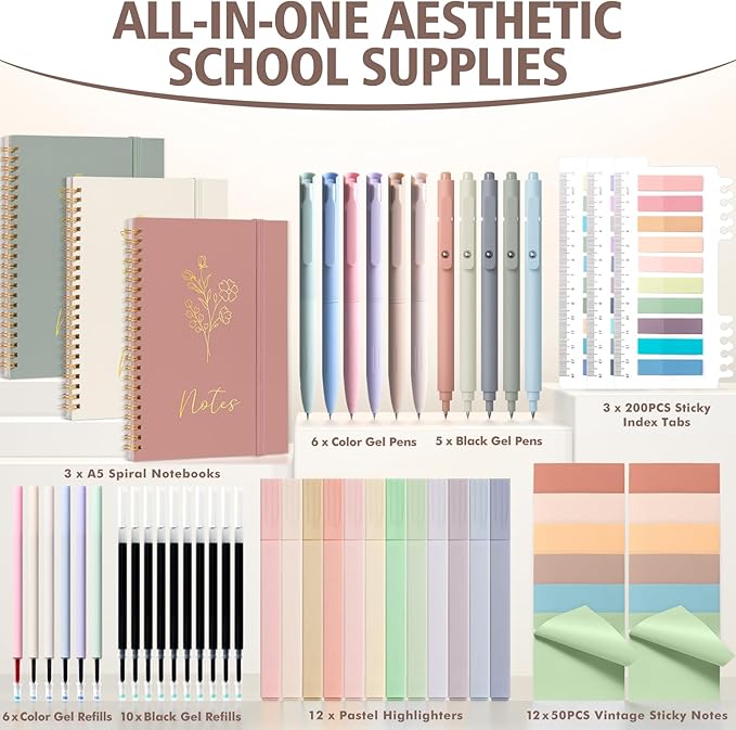 58PCS Aesthetic School Supplies, Cute College Ruled A5 Spiral Notebook Stationary Set Back to School Supplies Bible Study Kit Office College Essentials with Pastel Highlighters for Women Student Girls