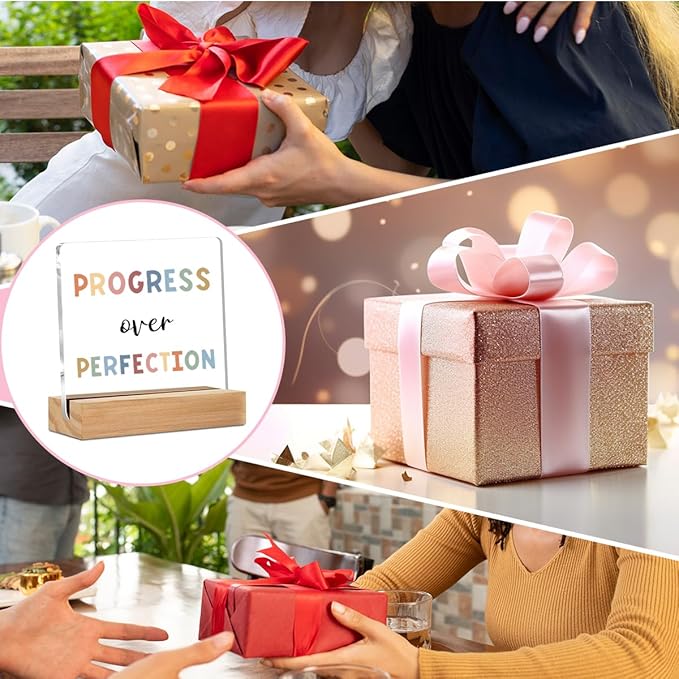 Christmas Thank You Gifts, Inspirational Desk Decor, Motivational Gifts Acrylic Sign - progress over perfection, Positive Affirmations Gifts for Teacher , Classroom Decorations Office Home Bedroom Decor