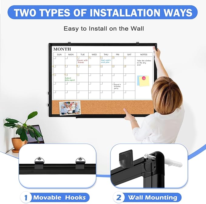 Monthly Calendar Whiteboard Dry Erase Cork Board Combo, 24" x 18" Magnetic Double-Sided Calendar White Board and Bulletin Board with Black Aluminium Frame, Portable Whiteboard for Office, Home, School
