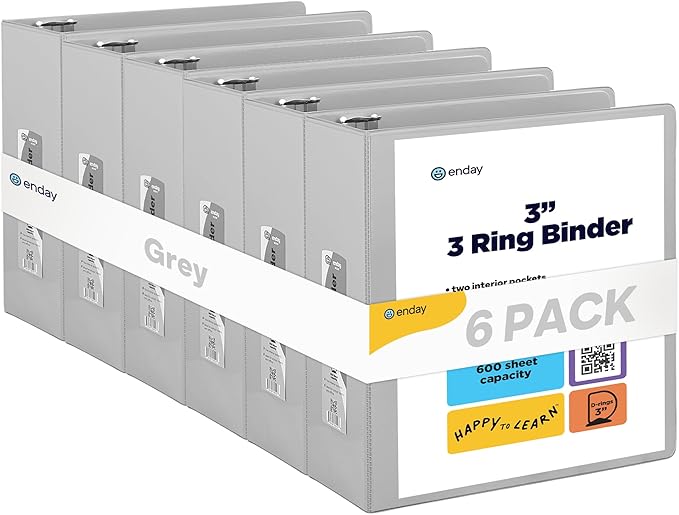 3 Slant D-Ring Binder 3 Inch Grey, 3 in Clear View Cover with 2 Inside Pockets Binder, Heavy Duty Colored School Supplies Binders,Also Available in Green, Red, Purple, Blue, Pink (6 PC) – by Enday